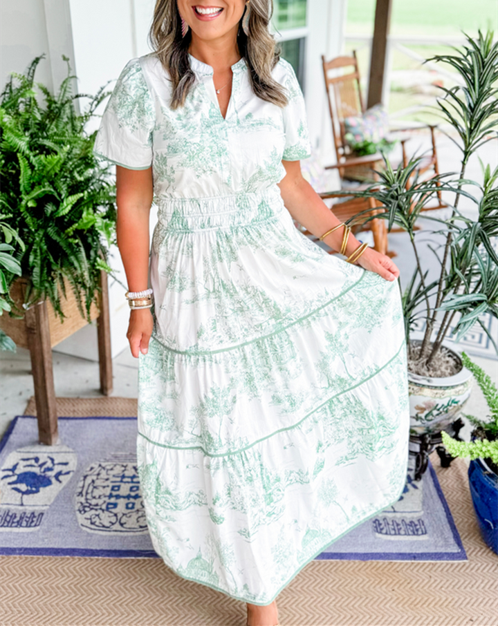 Marcelline| Timeless Toile Maxi – Elegant Flattering Comfort with Effortless Flow