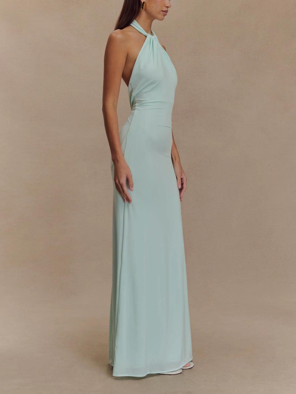 Women's Elegant Halter Neck Maxi Dress - Twisted Knot Detail - Open Low Back - Bodycon Silhouette