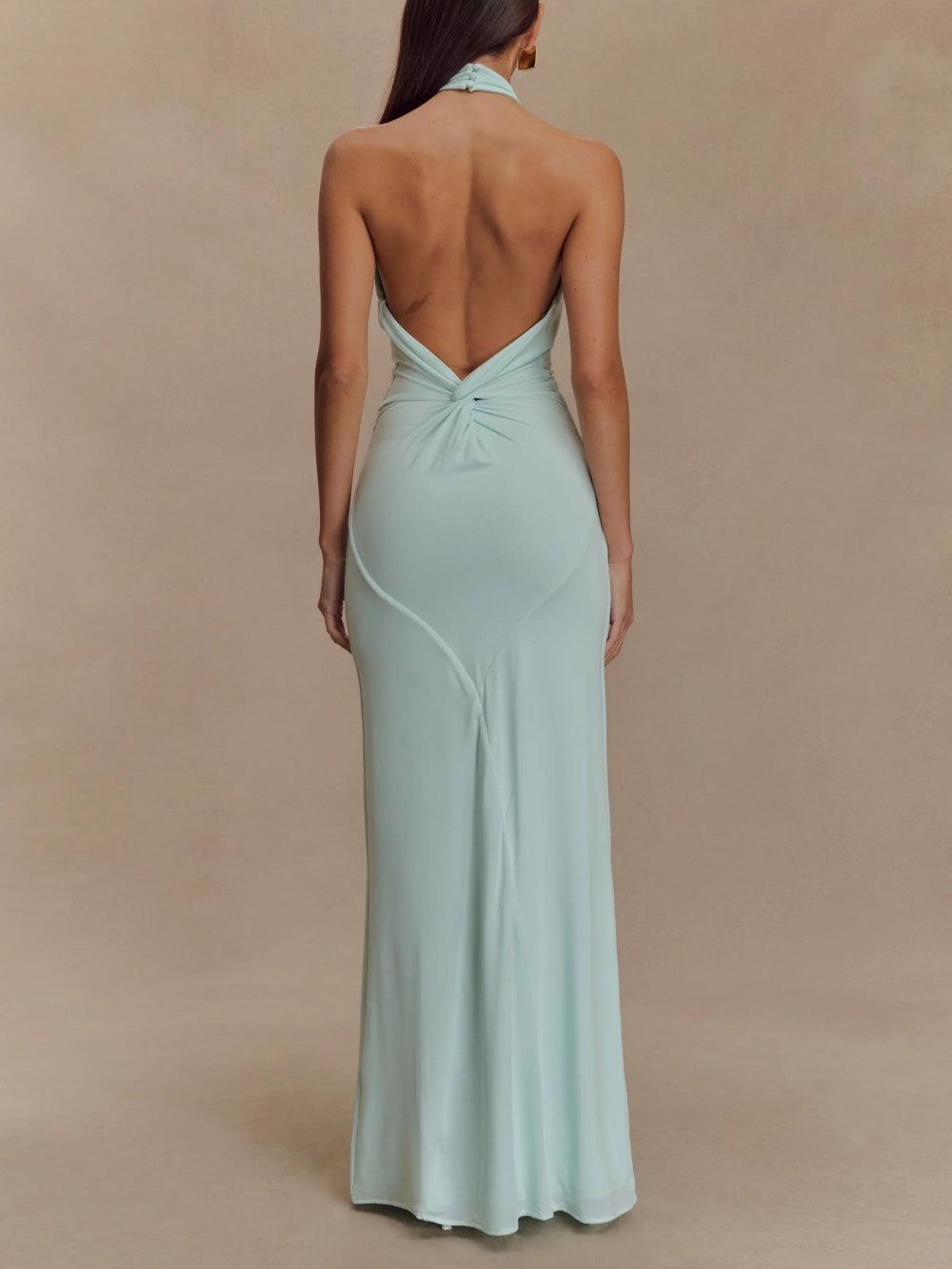 Women's Elegant Halter Neck Maxi Dress - Twisted Knot Detail - Open Low Back - Bodycon Silhouette