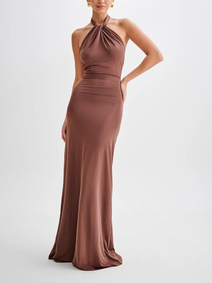 Women's Elegant Halter Neck Maxi Dress - Twisted Knot Detail - Open Low Back - Bodycon Silhouette