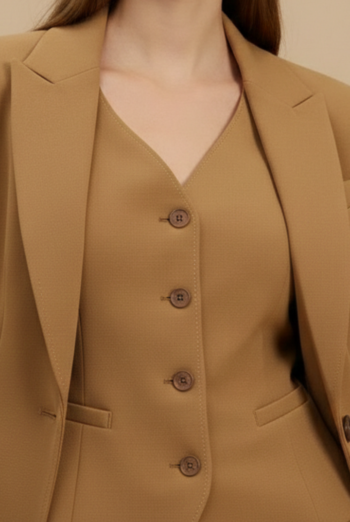 Women's Tailored Three-Piece Suit Set - Single-Breasted Blazer - Button-Front Waistcoat and Flared Trousers - Formal Style