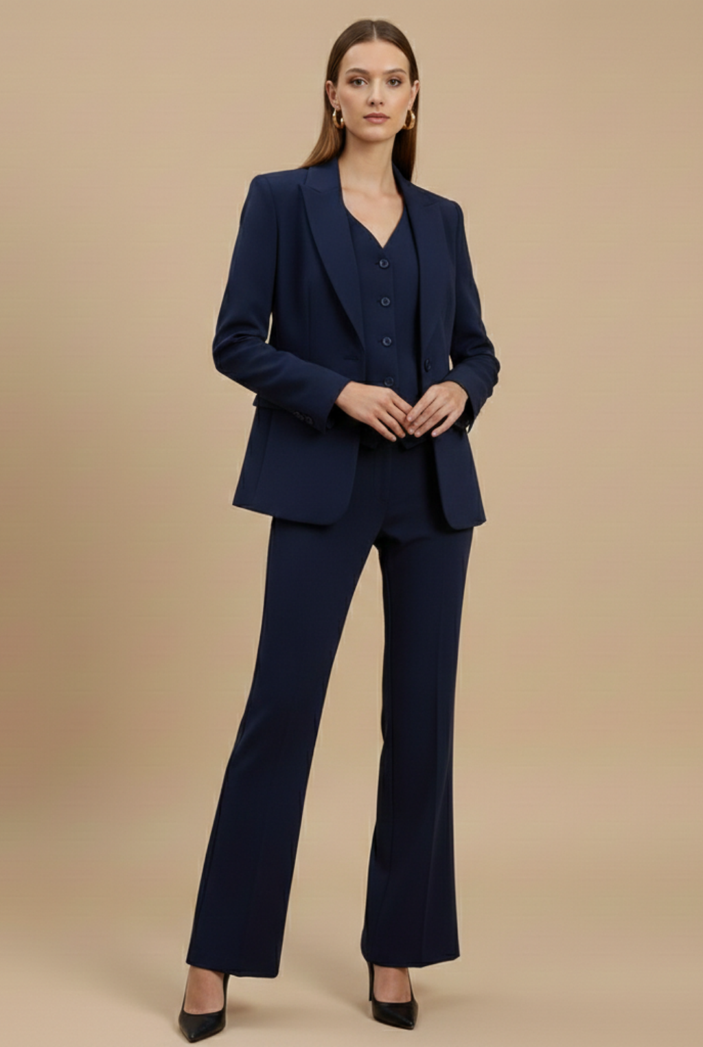 Women's Tailored Three-Piece Suit Set - Single-Breasted Blazer - Button-Front Waistcoat and Flared Trousers - Formal Style