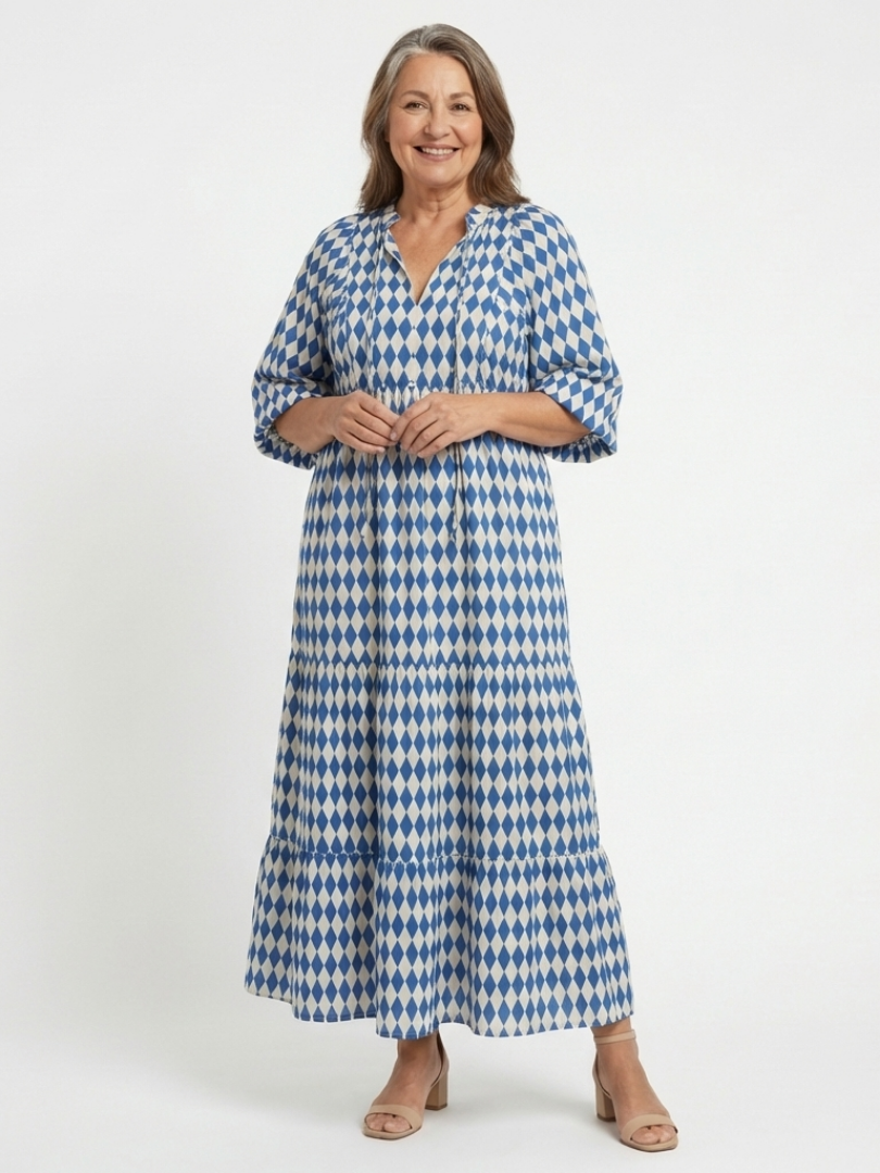 Elodie | Diamond Print Tiered Midi Dress