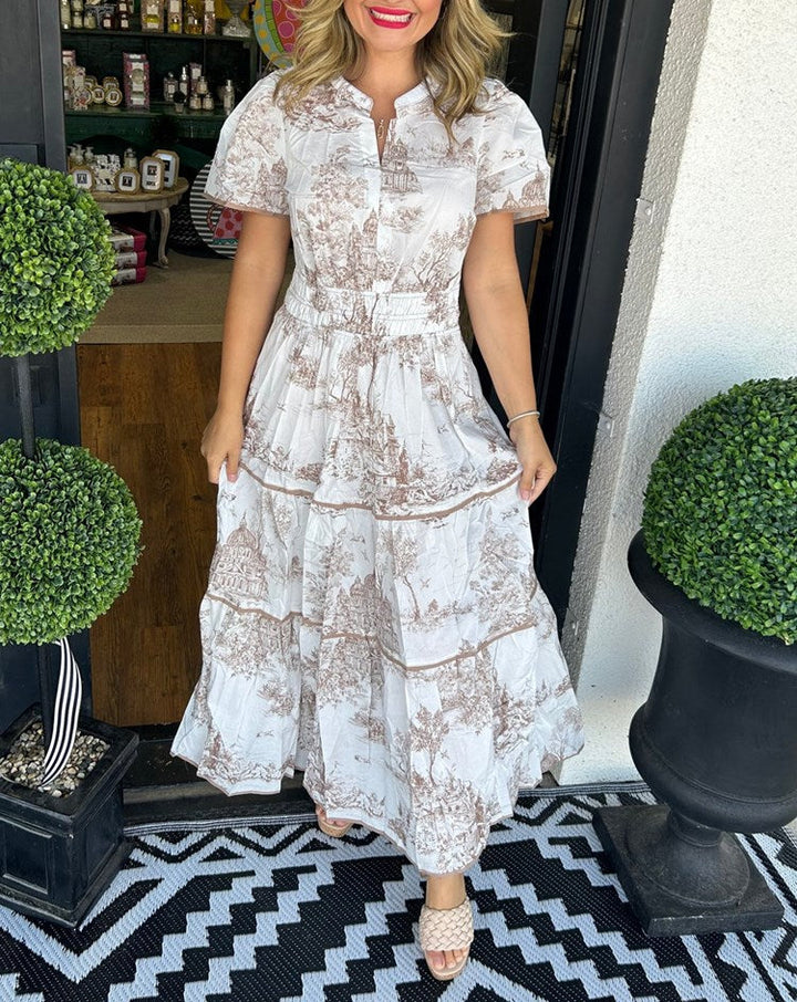 Marcelline| Timeless Toile Maxi – Elegant Flattering Comfort with Effortless Flow