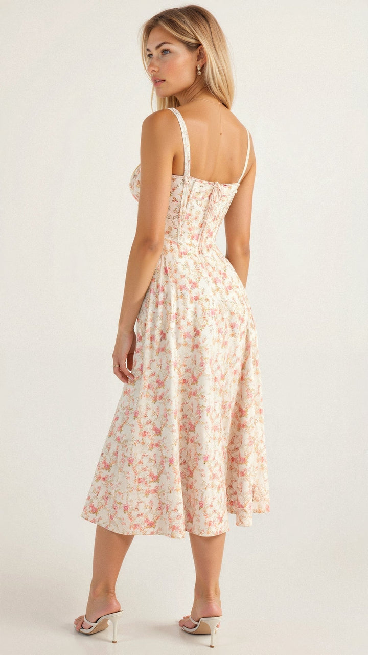 Corset Midi Dress – Tailored Waist and Flowing Skirt
