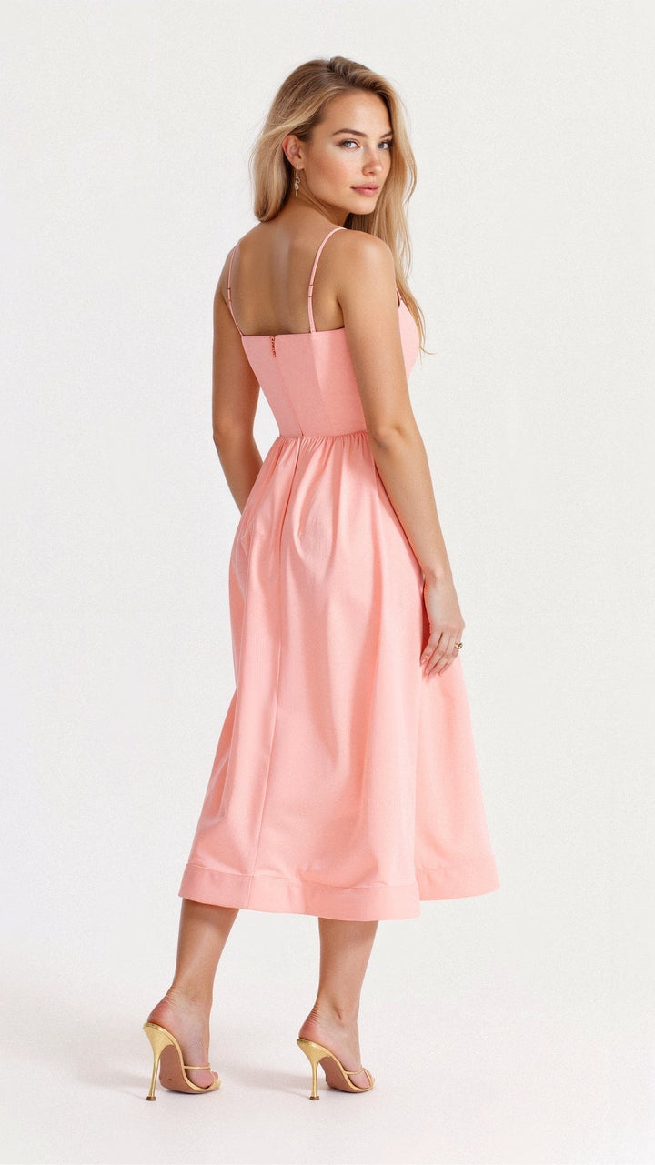 Women’s A-Line Midi Dress – Ascot Style – Spaghetti Straps – Flowing Design – Elegant Fit