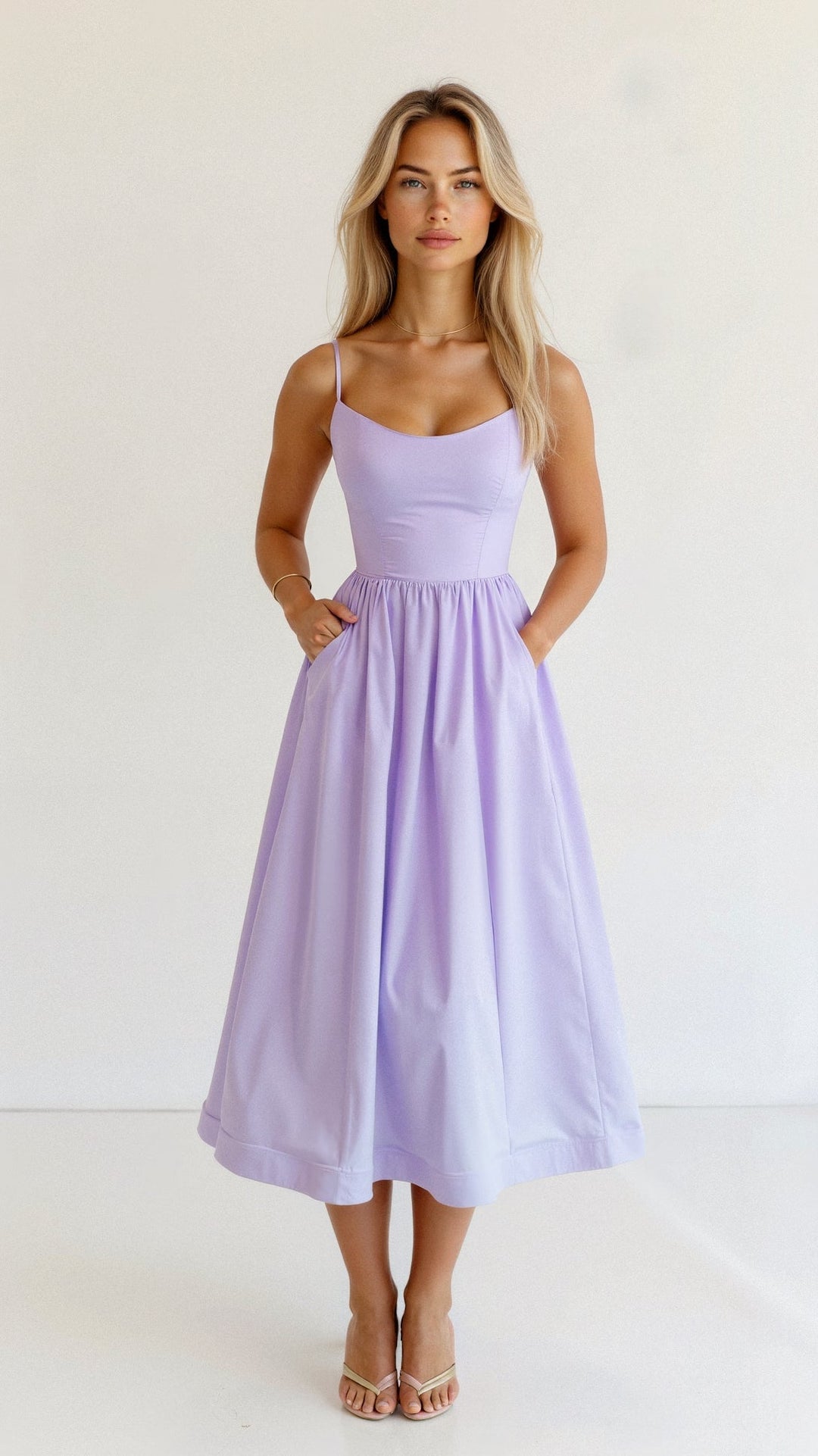 Women’s A-Line Midi Dress – Ascot Style – Spaghetti Straps – Flowing Design – Elegant Fit