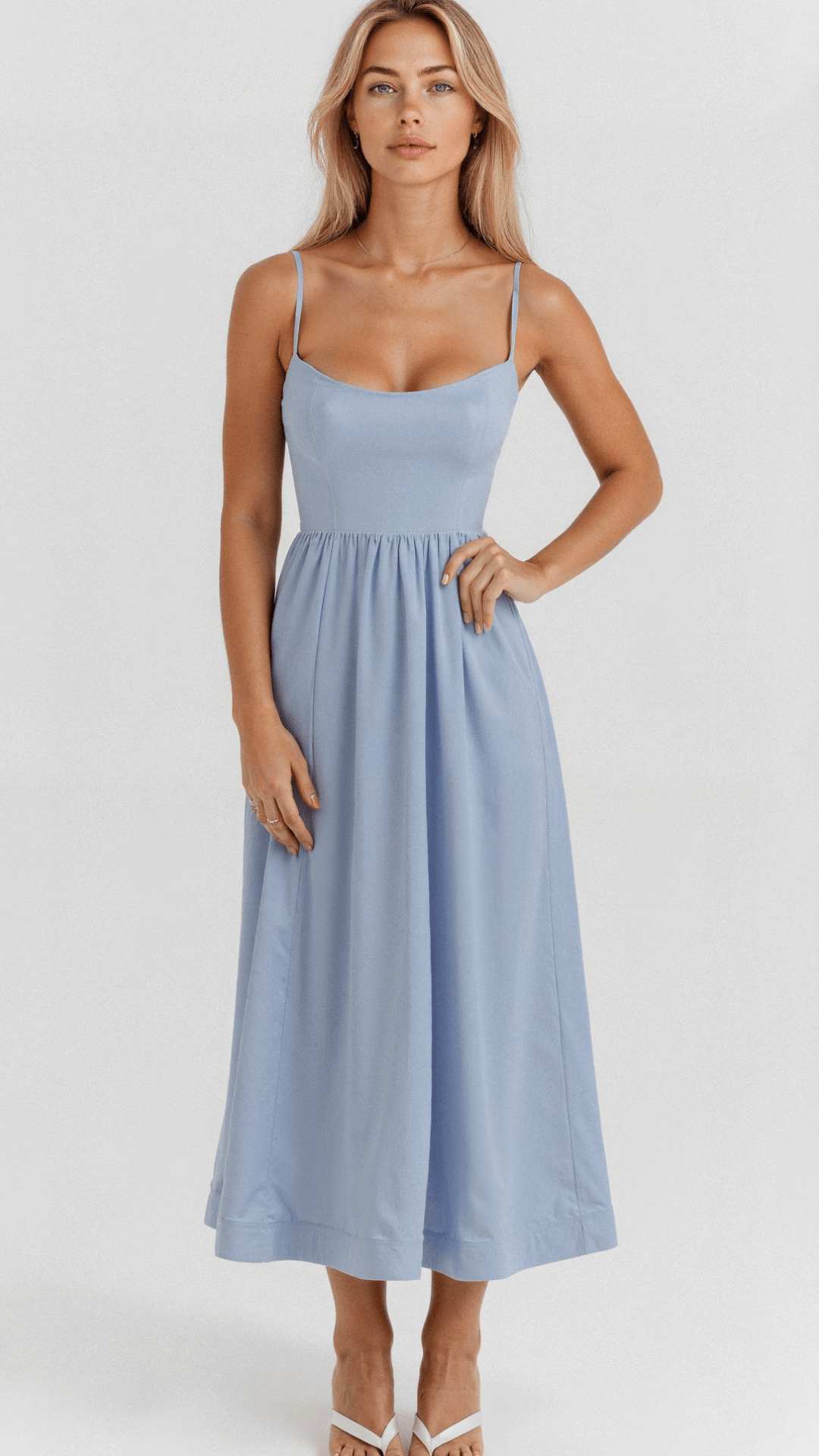 Women’s A-Line Midi Dress – Ascot Style – Spaghetti Straps – Flowing Design – Elegant Fit