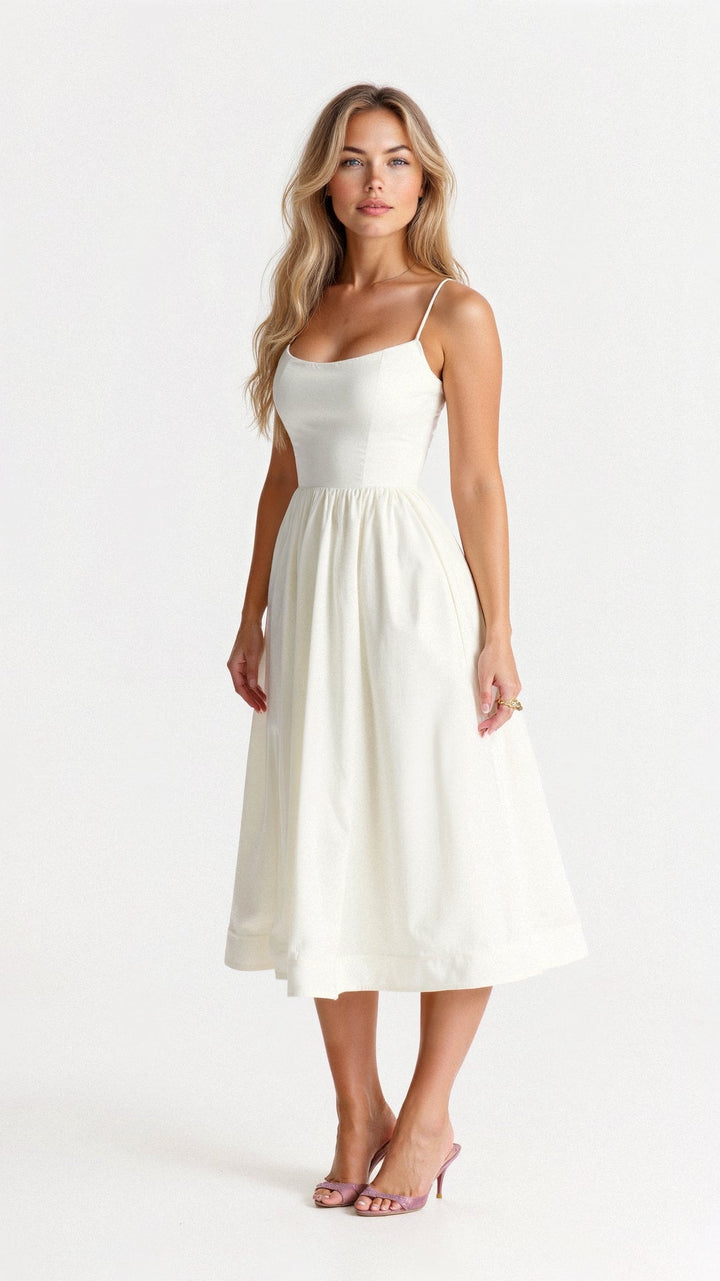 Women’s A-Line Midi Dress – Ascot Style – Spaghetti Straps – Flowing Design – Elegant Fit