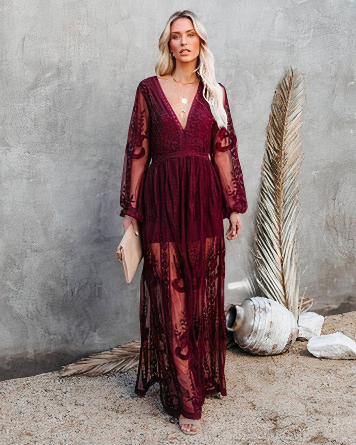 Women’s Lace Maxi Dress – Sheer Floral Design – Deep V-Neck – Long Sleeve – Side Slit