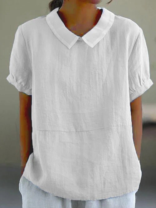 Women’s Linen Short Sleeve Blouse – Regular Fit – Peter Pan Collar