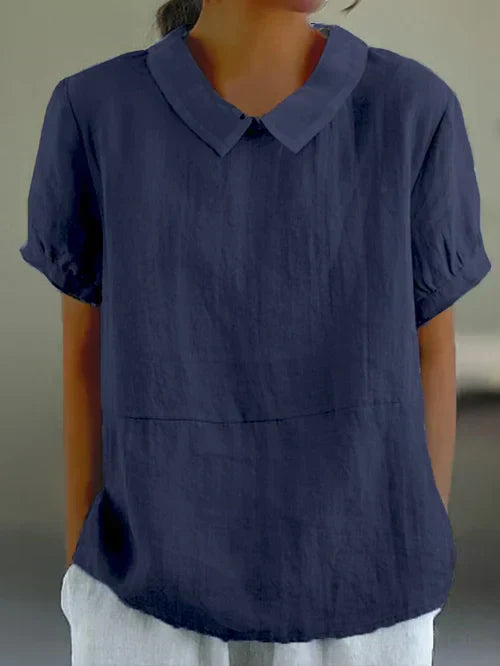 Women’s Linen Short Sleeve Blouse – Regular Fit – Peter Pan Collar