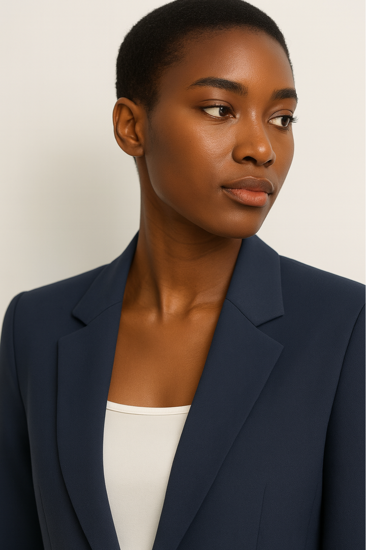Women’s Navy Blue Trouser Suit – Beige Tailored Blazer & Straight-Leg Trousers