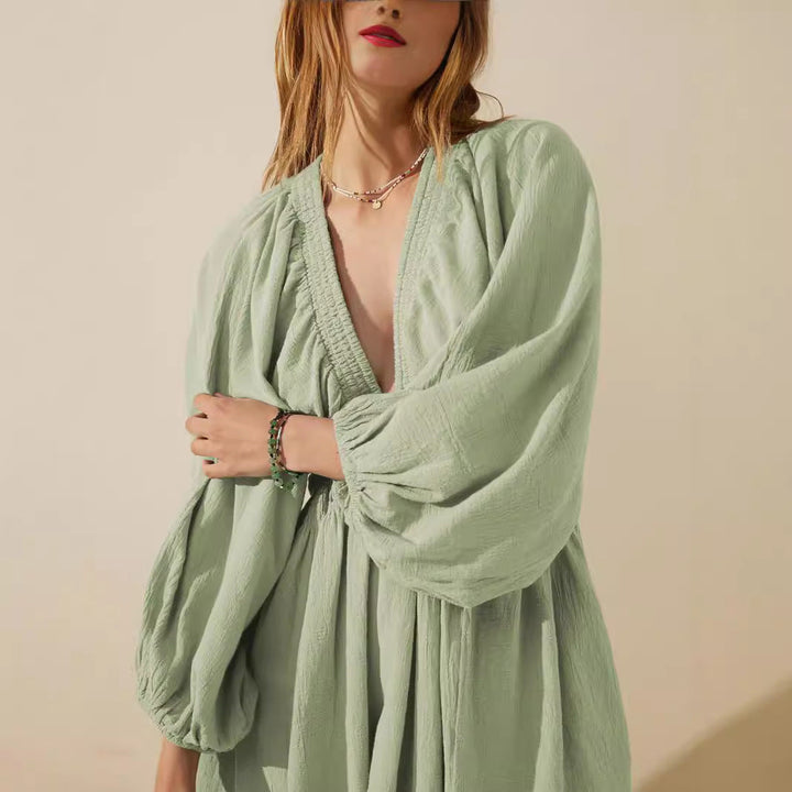 Women’s V-Neck Mini Dress – Long Sleeve – Relaxed Fit