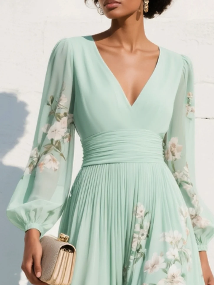 Maxie | Pleated Chiffon Dress in Mint Green with Floral Print for Women