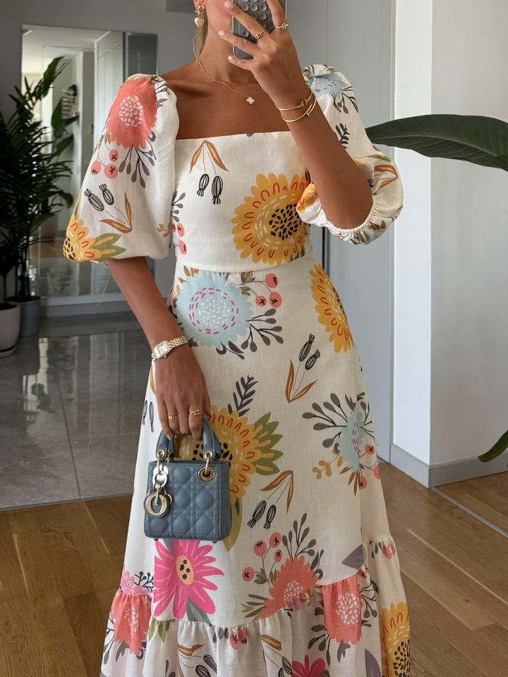Women's Elegant Floral Maxi Dress - Square Neck Puff Sleeves - Open Back - Tiered Ruffle Hem - Floor Length Wedding Guest Style