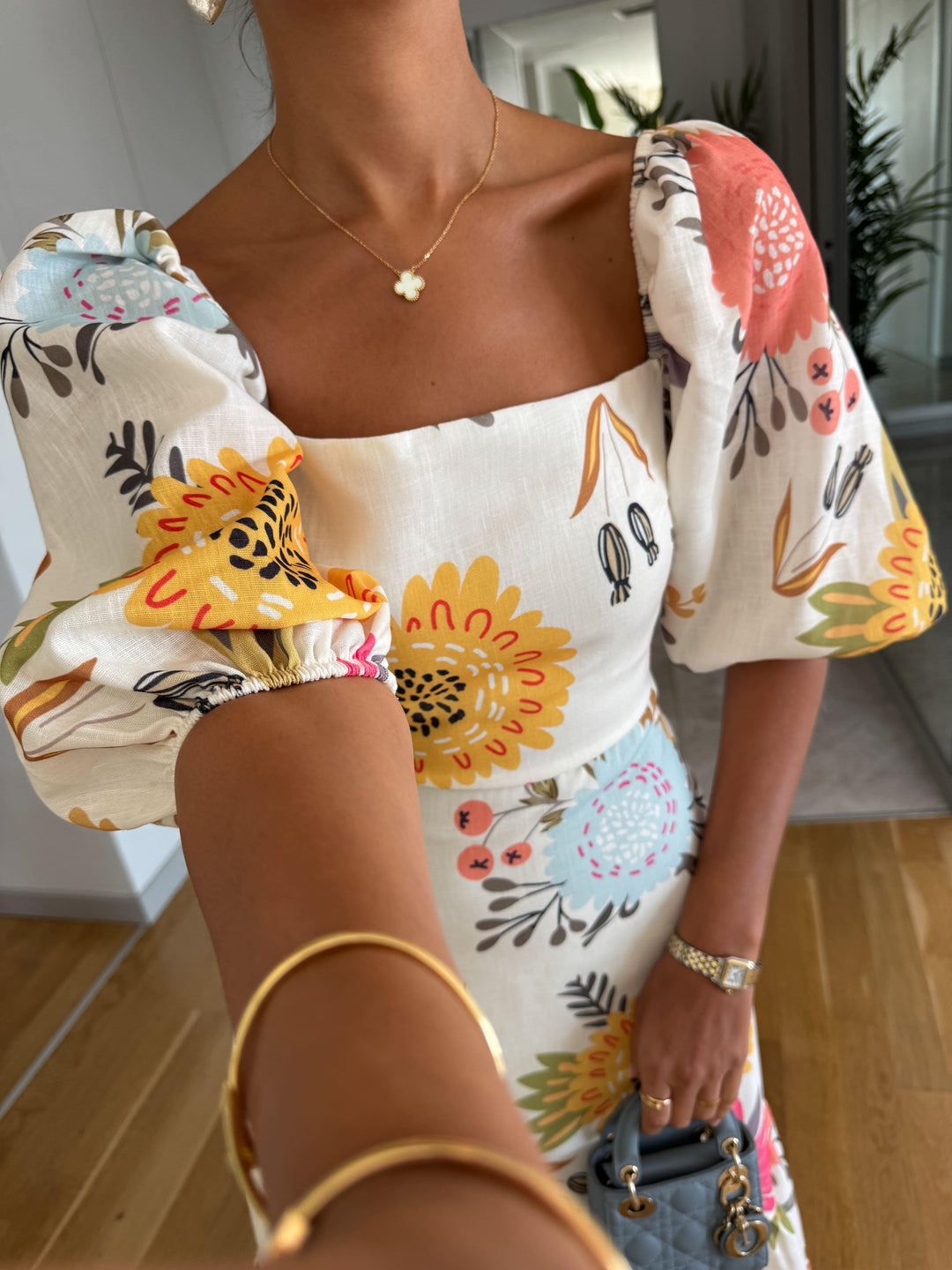 Women's Elegant Floral Maxi Dress - Square Neck Puff Sleeves - Open Back - Tiered Ruffle Hem - Floor Length Wedding Guest Style