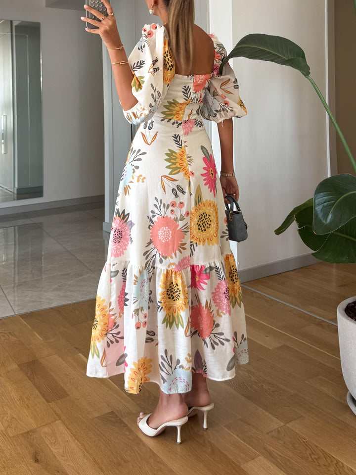 Women's Elegant Floral Maxi Dress - Square Neck Puff Sleeves - Open Back - Tiered Ruffle Hem - Floor Length Wedding Guest Style
