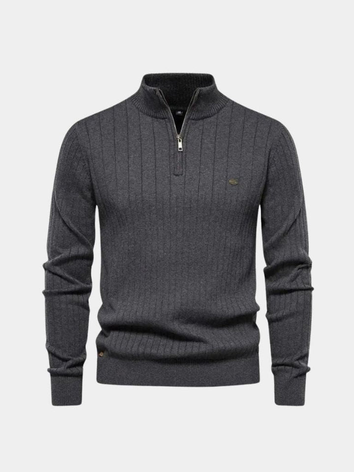 Cotton Knit Sweater with Vertical Stripes and Quarter Zip