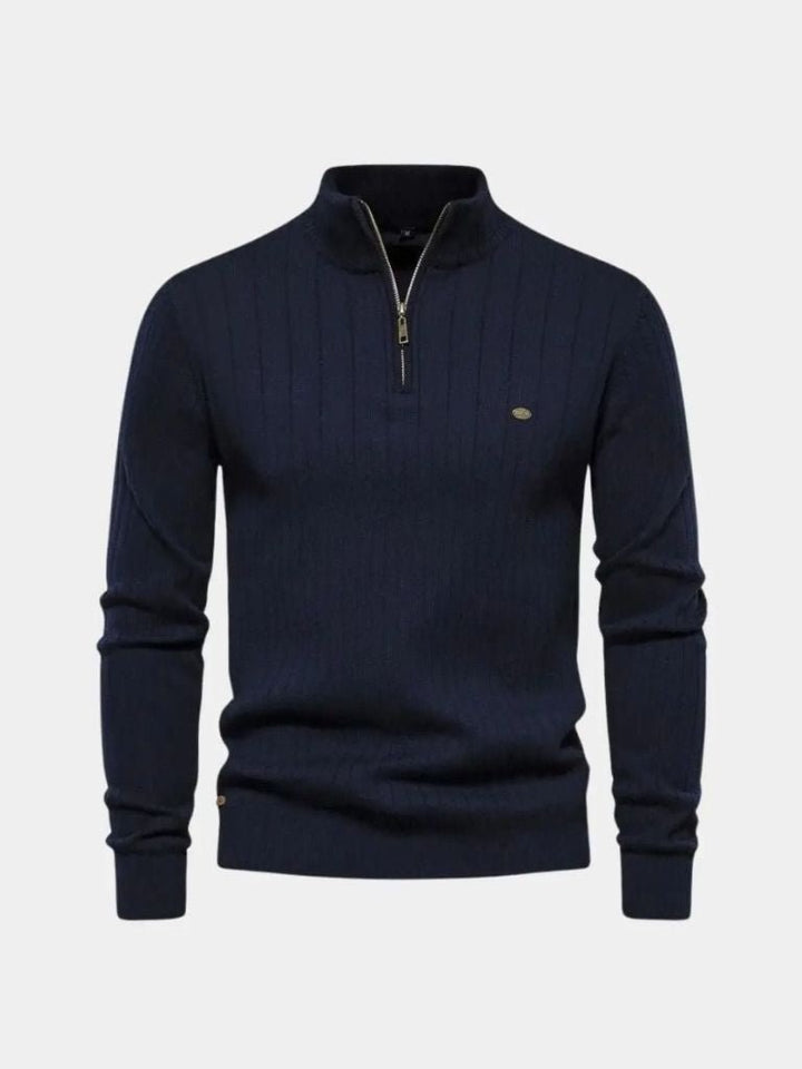 Cotton Knit Sweater with Vertical Stripes and Quarter Zip