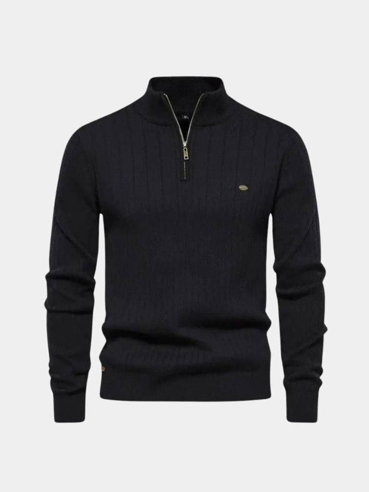 Cotton Knit Sweater with Vertical Stripes and Quarter Zip