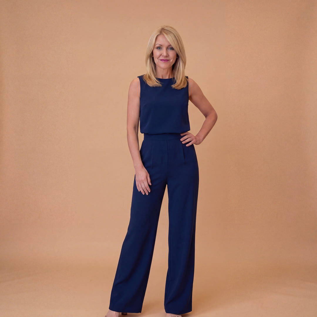 Wide Leg Jumpsuit – Round Neck Mid-Waist Fit for Elegant Styling