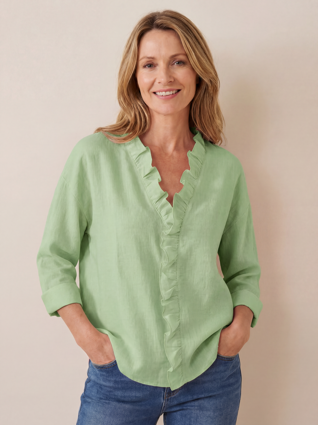 Indie | Blouse with Ruffles, V-Neck and Long Sleeves