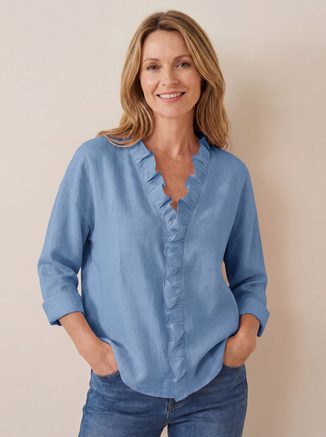 Indie | Blouse with Ruffles, V-Neck and Long Sleeves